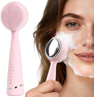 Facial Cleansing Brush, Rechargeable Silicone Face Scrubber with Constant-Temperature Heating, Vibrating Exfoliator Scrubber for Deep Pore Cleaning