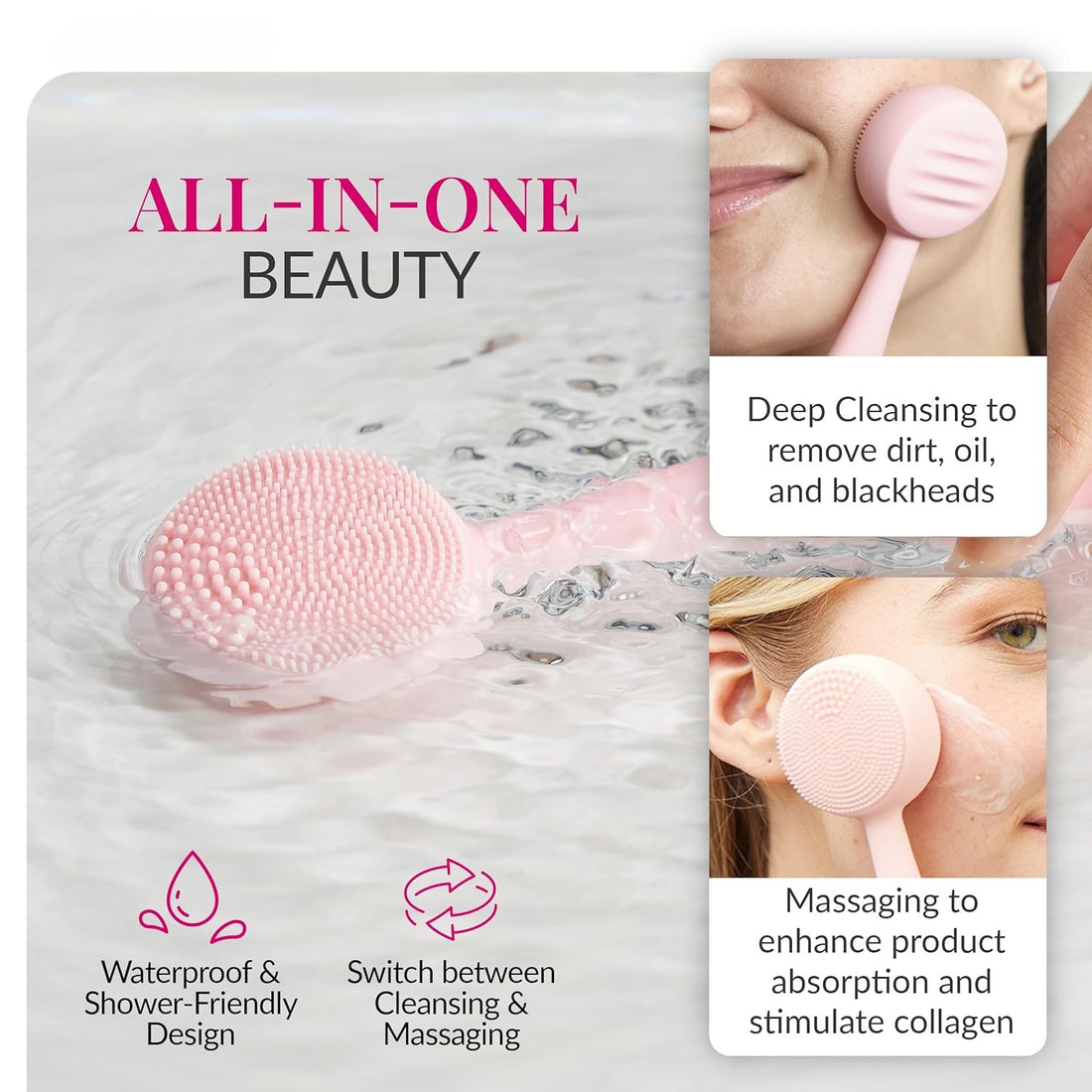 Smart Facial Cleansing Device with Silicone Brush & Anti-Aging Massager